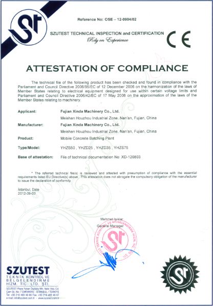 CE Certificate of Mobile Concrete Batching Plant
